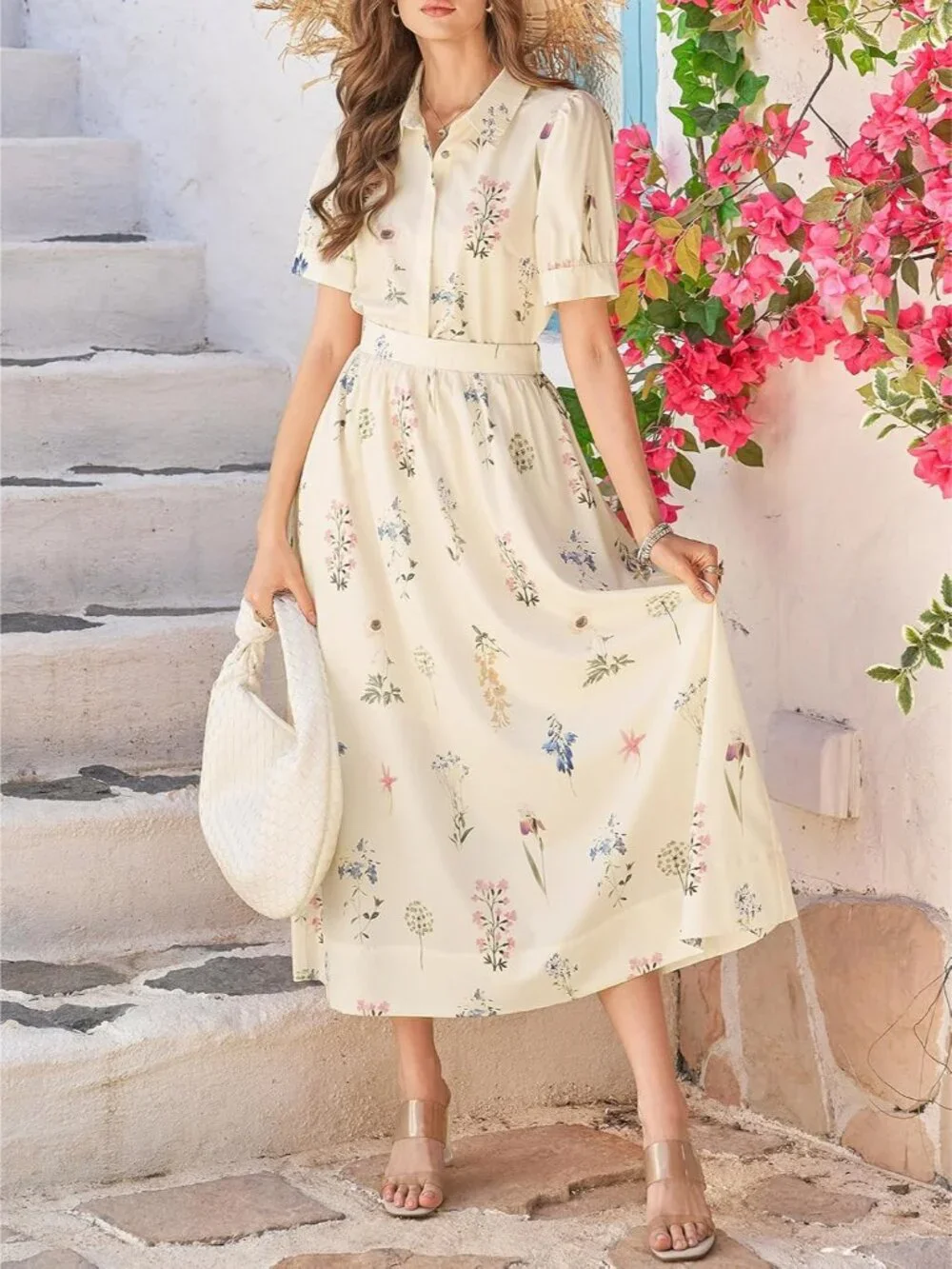 Womens 2 Piece Floral Skirt Sets Puff Sleeve Blouse and Elastic Waist Matching S
